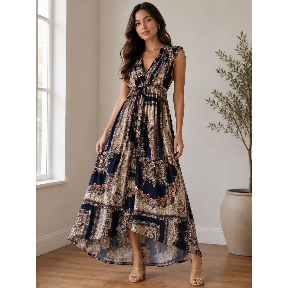 Cato Woman Navy Paisley Scarf Print High Low Maxi Dress 14/16W V-Neck Sleeveless
